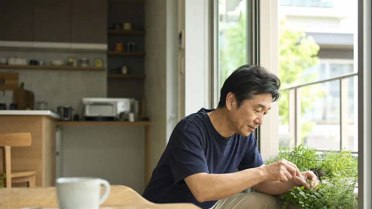 日々を楽しむ日本人の中年男性（横長・コピースペース）。中年男性、日常生活、趣味、健康的な暮らしの記事向け素材です。