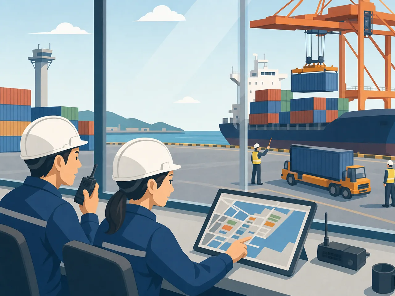 港湾物流を調整する日本人担当者（フラットイラスト）。港湾物流、港湾作業、貨物、物流管理の記事や案内に使える商用素材です。