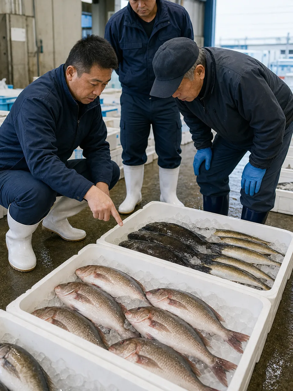 魚市場で鮮度を確認する日本人（自然な縦位置写真）。魚市場、鮮魚、水産業、卸売市場の記事や案内に使える商用素材です。