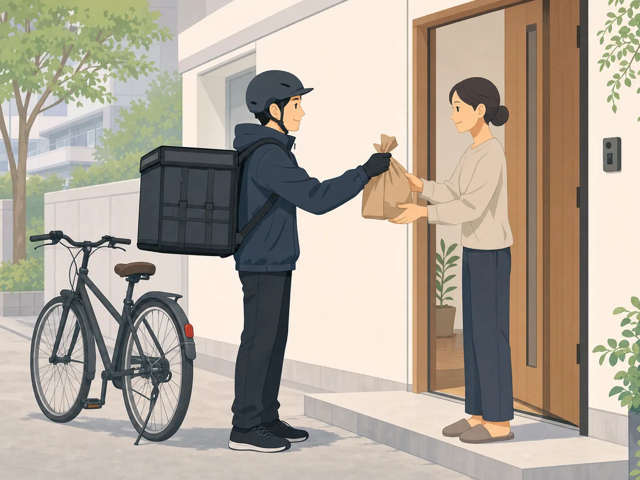 料理を届ける日本人配達員（フラットイラスト）。フードデリバリー、配達、宅配、地域サービスの記事向け素材です。
