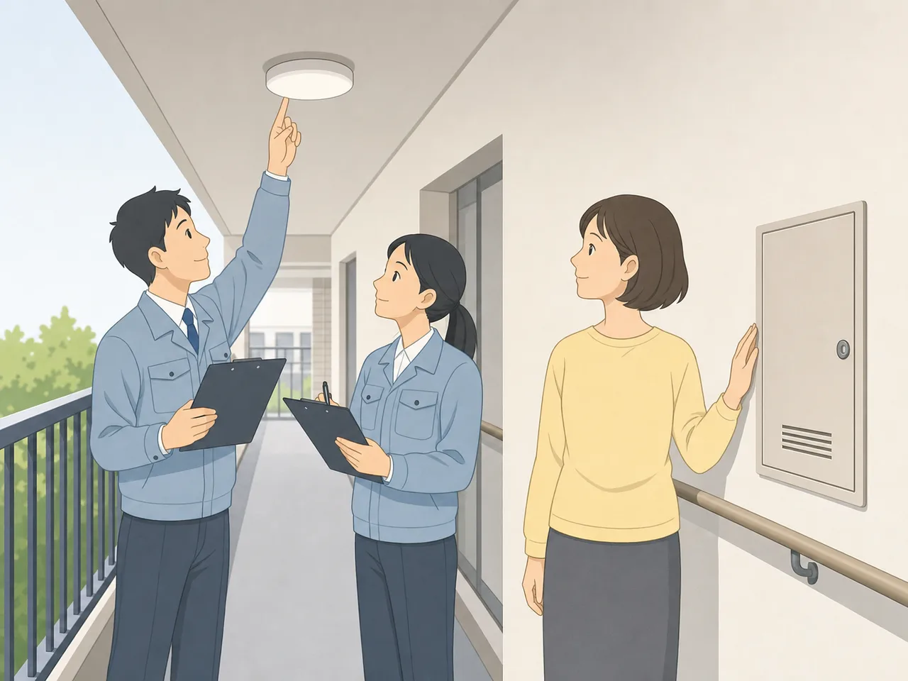 マンションを管理する日本人スタッフ（フラットイラスト）。マンション管理、管理人、建物点検、共同住宅の記事向け素材です。
