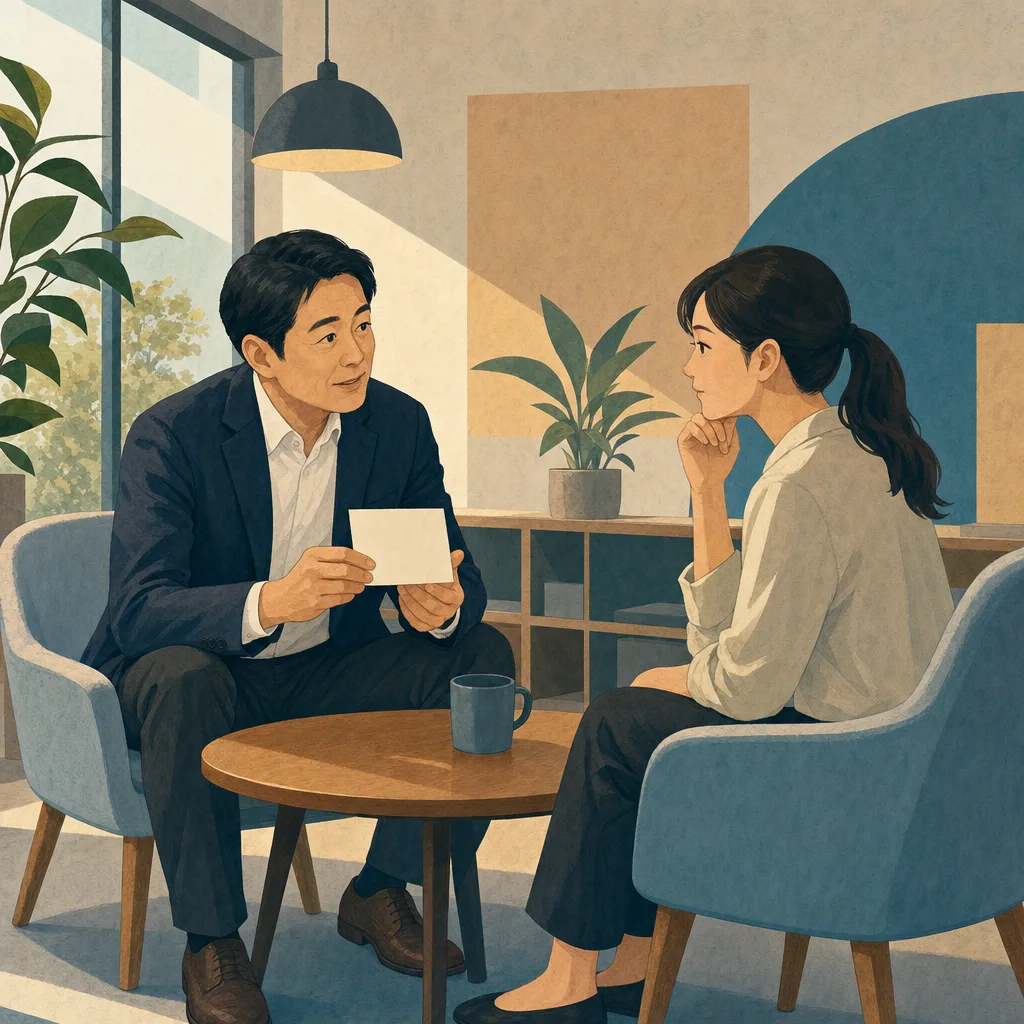一対一の面談をする日本人の上司と部下（編集記事向け）。1on1、一対一面談、フィードバック、上司と部下の記事や案内に使える商用素材です。