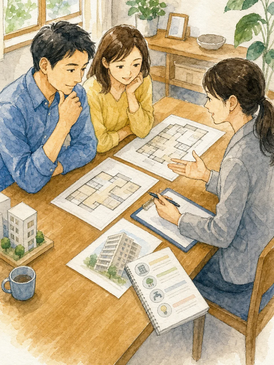 マンション購入を相談する日本人（手描き水彩）。マンション購入、住宅購入、資金計画、不動産の記事向け素材です。