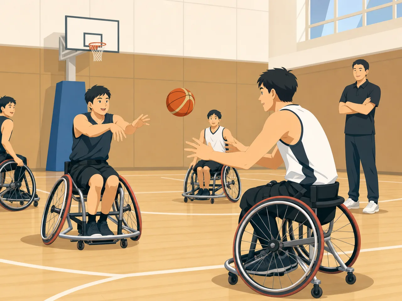 車いすバスケットボールを練習する日本人（フラットイラスト）。車いすバスケットボール、パラスポーツ、車椅子、スポーツの記事や案内に使える商用素材です。