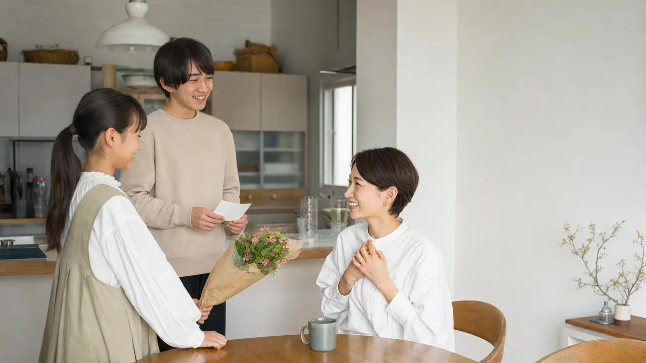 母の日に感謝を伝える日本人家族（横長・コピースペース）。母の日、家族、感謝、春の行事の記事向け素材です。