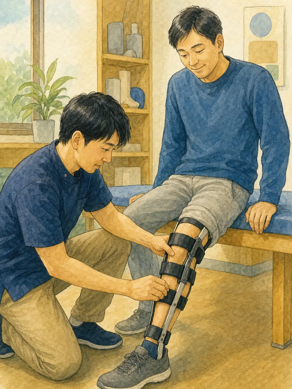 装具を調整する日本人義肢装具士（手描き水彩）。義肢装具士、装具、福祉用具、リハビリの記事や案内に使える商用素材です。