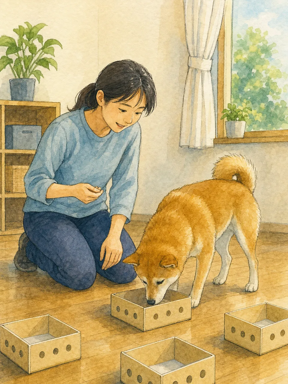 ノーズワークを楽しむ日本人と犬（手描き水彩）。ノーズワーク、犬、嗅覚遊び、ペットの記事や案内に使える商用素材です。