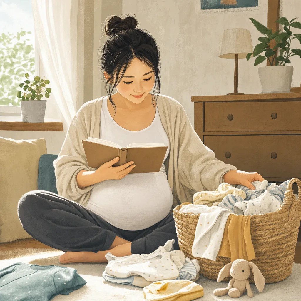 穏やかに過ごす日本人の妊婦（編集記事向け）。妊娠、出産準備、母子保健、働き方の記事に使える、妊婦の自然な生活素材です。