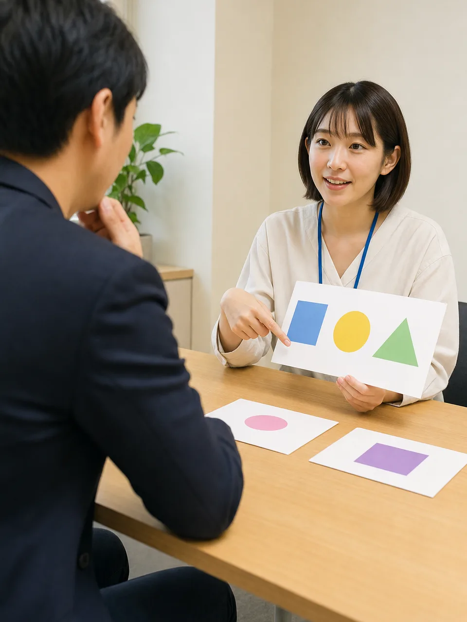 職場の配慮を相談する日本人（自然な縦位置写真）。見えない障害、合理的配慮、職場相談、障害者雇用の記事や案内に使える商用素材です。