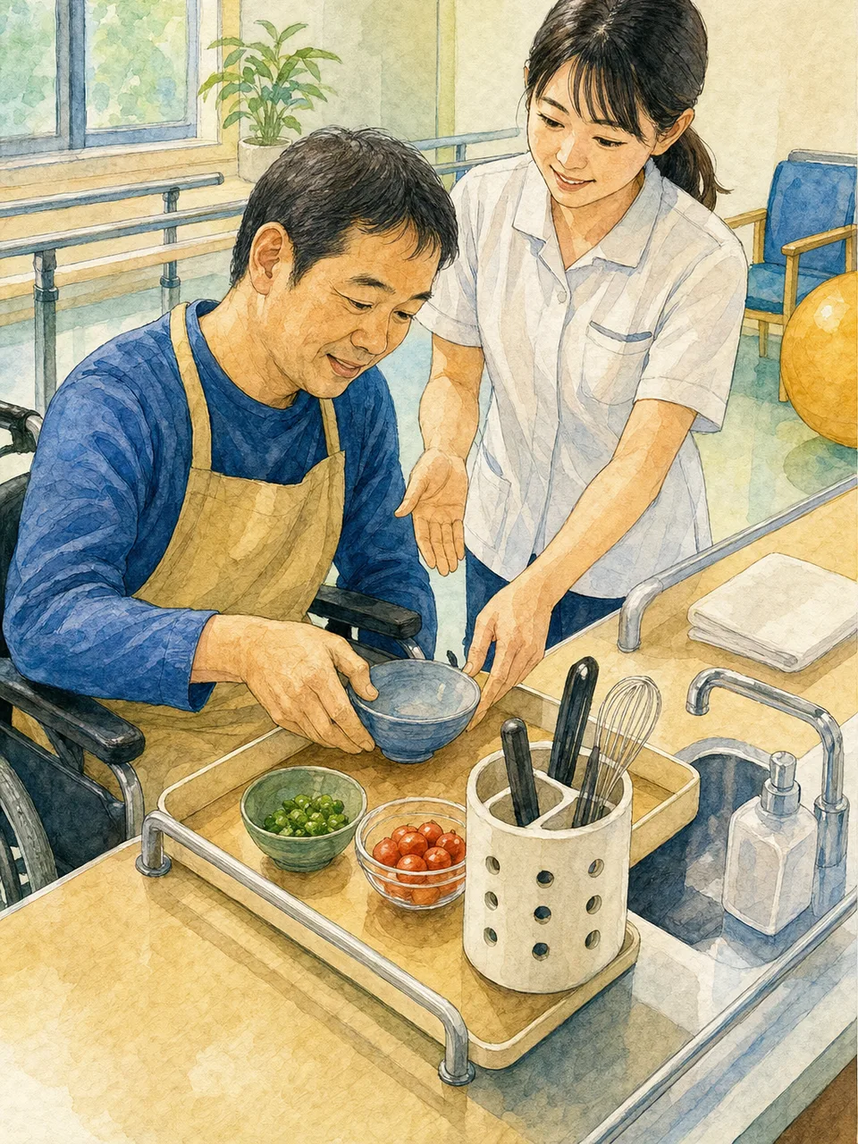 生活動作を支援する日本人作業療法士（手描き水彩）。作業療法士、リハビリ、生活動作、自立支援の記事向け素材です。