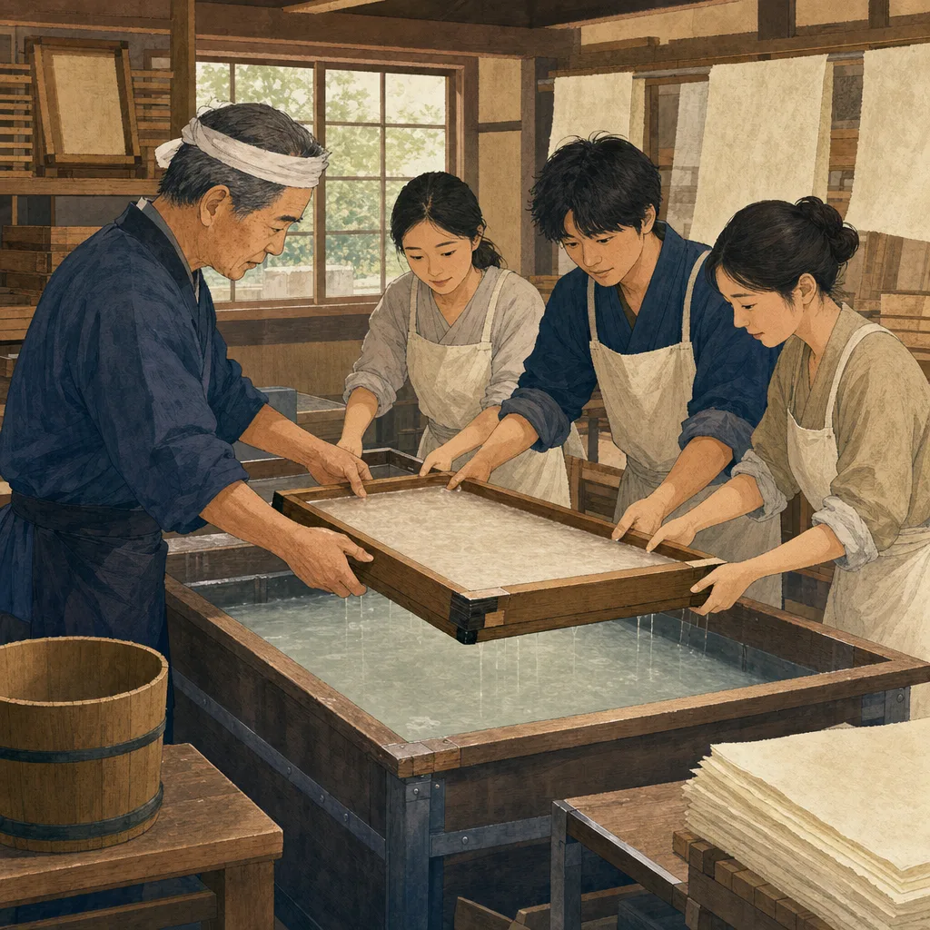 和紙作りを体験する日本人（編集記事向け）。和紙作り、伝統工芸、紙すき、職人体験の記事や案内に使える商用素材です。