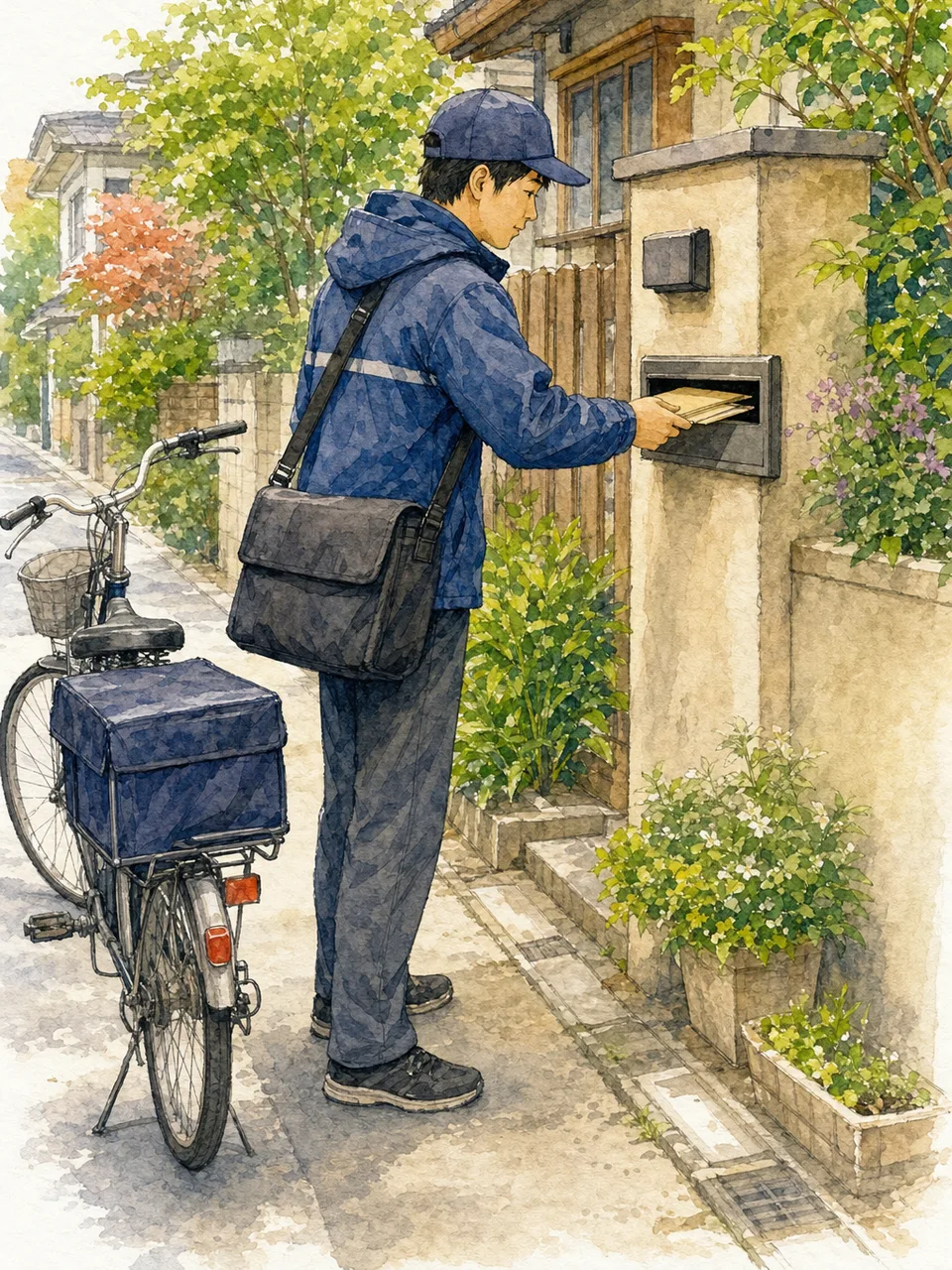 郵便物を届ける日本人配達員（手描き水彩）。郵便配達員、郵便、地域物流、暮らしの記事に使える素材です。