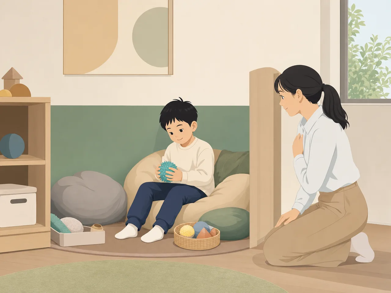 感覚休憩を選ぶ日本人の子ども（フラットイラスト）。感覚休憩、特別支援教育、合理的配慮、子どもの記事や案内に使える商用素材です。