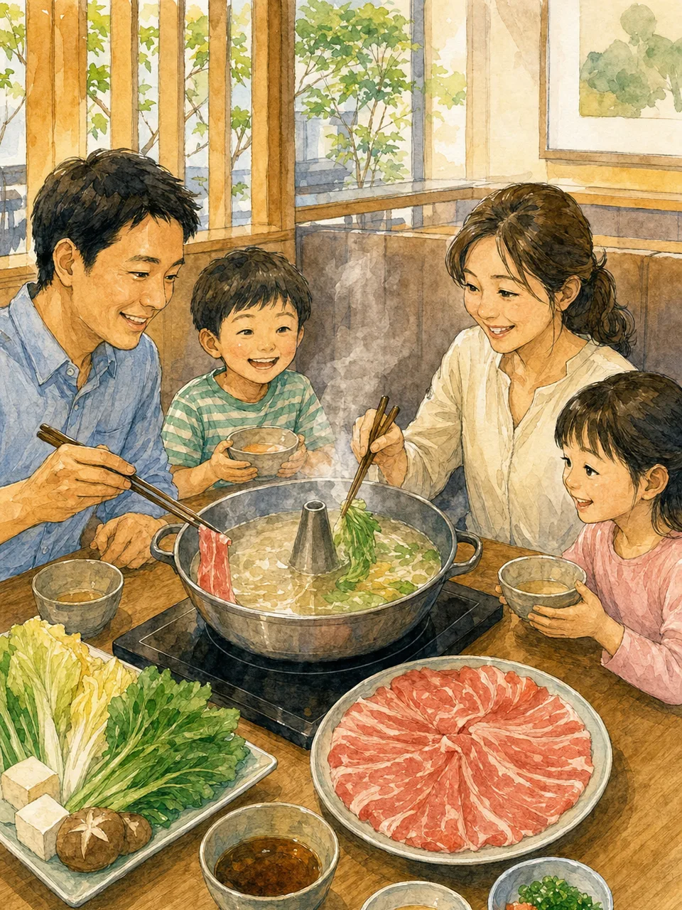 しゃぶしゃぶを囲む日本人家族（手描き水彩）。しゃぶしゃぶ、鍋料理、家族、外食の記事向け素材です。