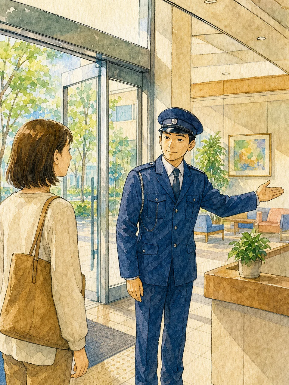 施設を見守る日本人警備員（手描き水彩）。警備員、施設警備、防犯、安全管理の記事に使える素材です。