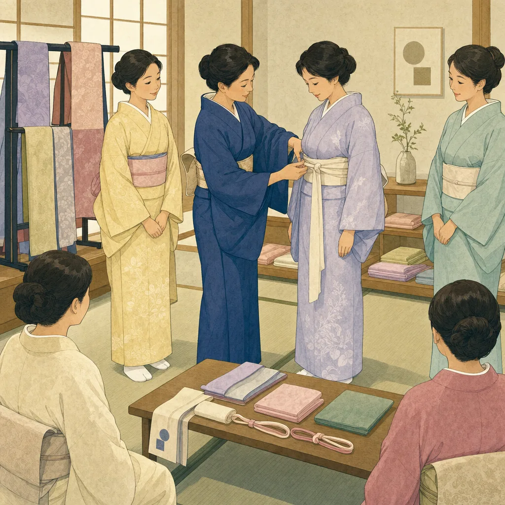着物の着付けを学ぶ日本人（編集記事向け）。着付け、着物、和装、伝統文化の記事や案内に使える商用素材です。