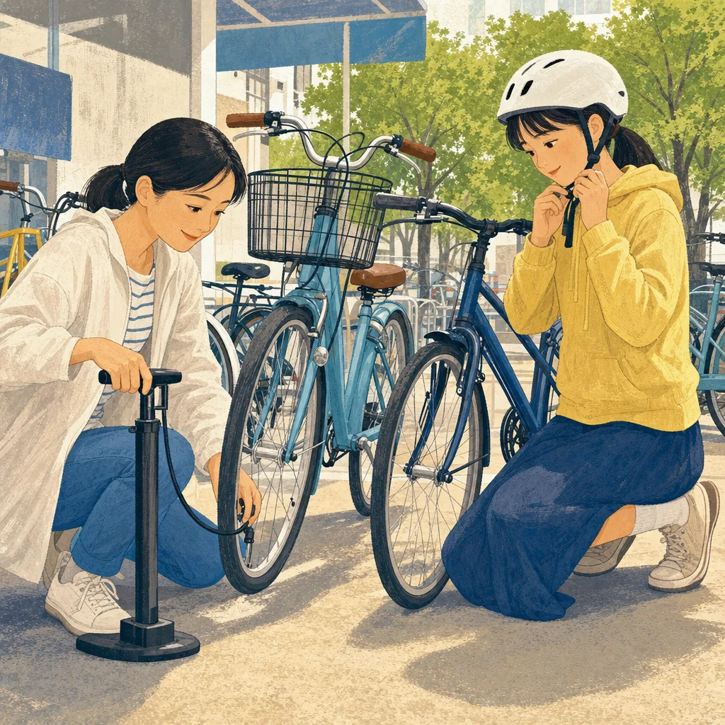 自転車を整備する日本人の母と娘（編集記事向け）。母と娘、自転車整備、親子、日常の記事向け素材です。