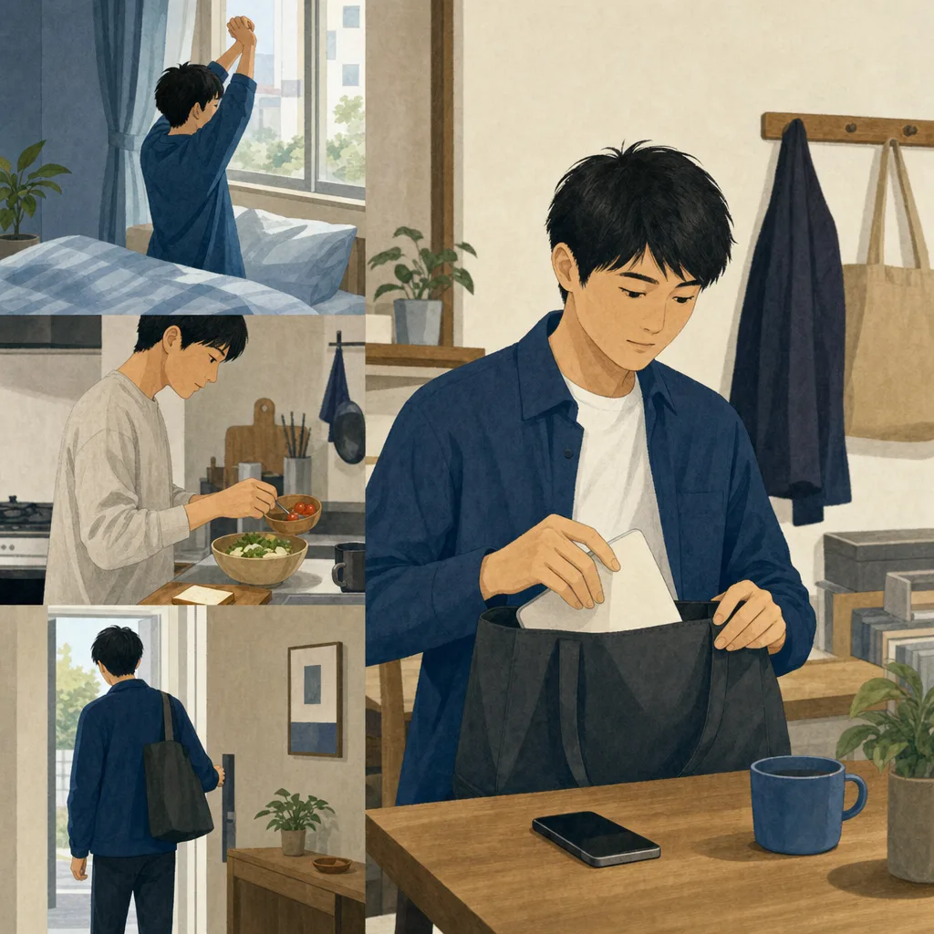 朝の支度をする一人暮らしの日本人（編集記事向け）。一人暮らしの朝支度、平日のモーニングルーティン、朝の支度、一人暮らしの記事や案内に使える商用素材です。