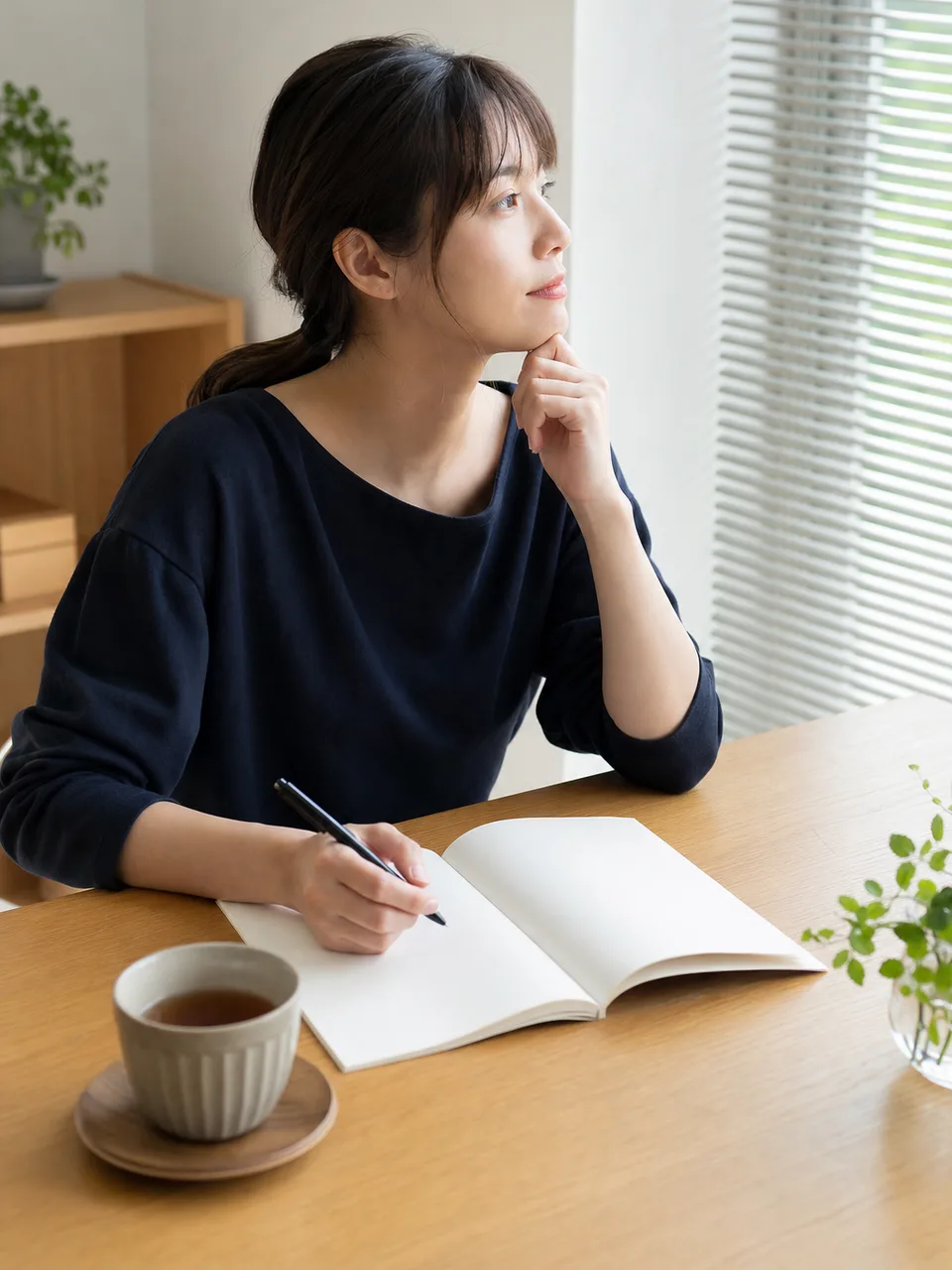 日記を書く日本人（自然な縦位置写真）。日記、ジャーナリング、自分時間、振り返りの記事や案内に使える商用素材です。