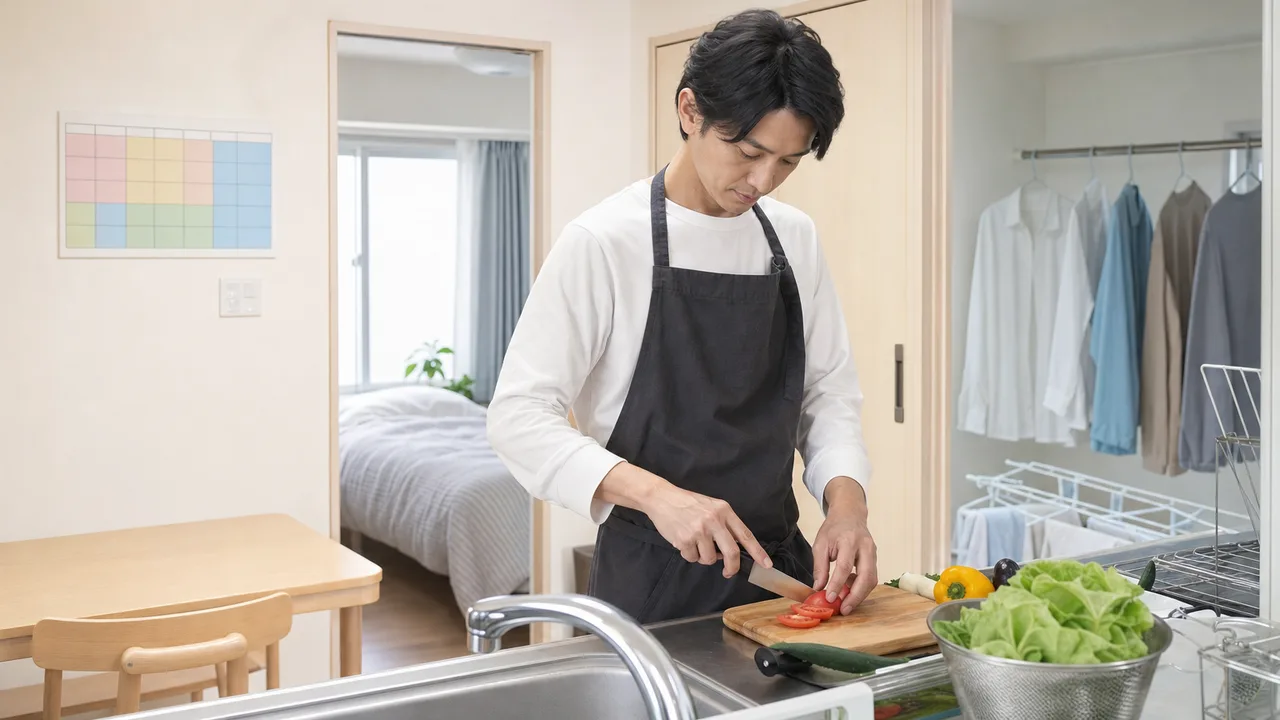 一人暮らしをする日本人男性（横長・コピースペース）。一人暮らしの男性、自炊、家事、暮らしの記事向け素材です。