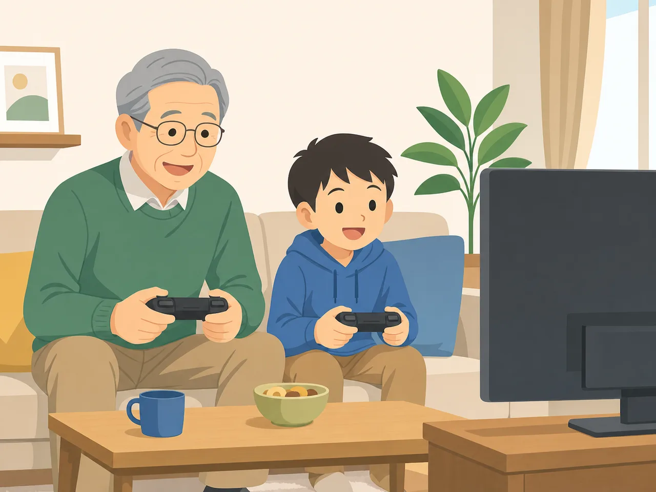 ゲームを楽しむ日本人の祖父母と孫（フラットイラスト）。祖父母とテレビゲーム、世代を超えたゲーム、祖父母と孫、テレビゲームの記事や案内に使える商用素材です。