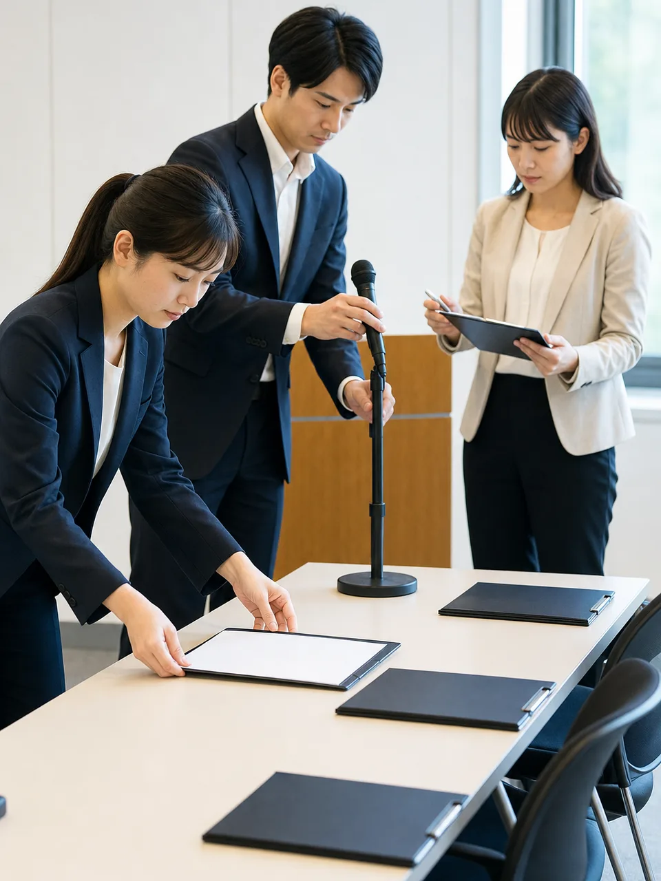 発表準備をする日本人広報担当者（自然な縦位置写真）。広報担当者、プレス対応、情報発信、企業広報の記事向け素材です。