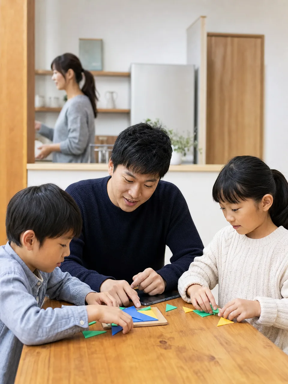 家庭教師と学ぶ日本人の生徒（自然な縦位置写真）。家庭教師、個別指導、家庭学習、教育支援の記事に使える素材です。