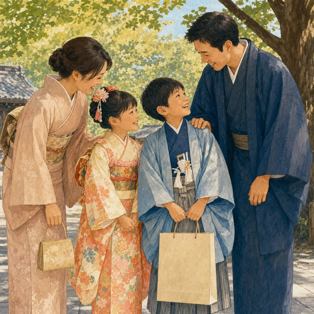 七五三を祝う日本人家族（編集記事向け）。七五三、家族、子どもの成長、秋の行事の記事向け素材です。