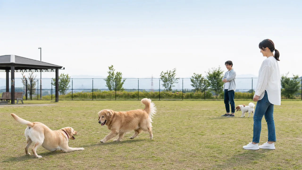 ドッグランで遊ぶ犬と日本人（横長・コピースペース）。ドッグラン、犬、飼い主、ペットの交流の記事向け素材です。