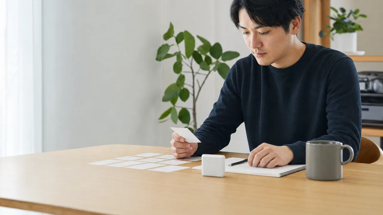 資格勉強をする日本人社会人（横長・コピースペース）。資格勉強、試験対策、社会人、自己学習の記事向け素材です。
