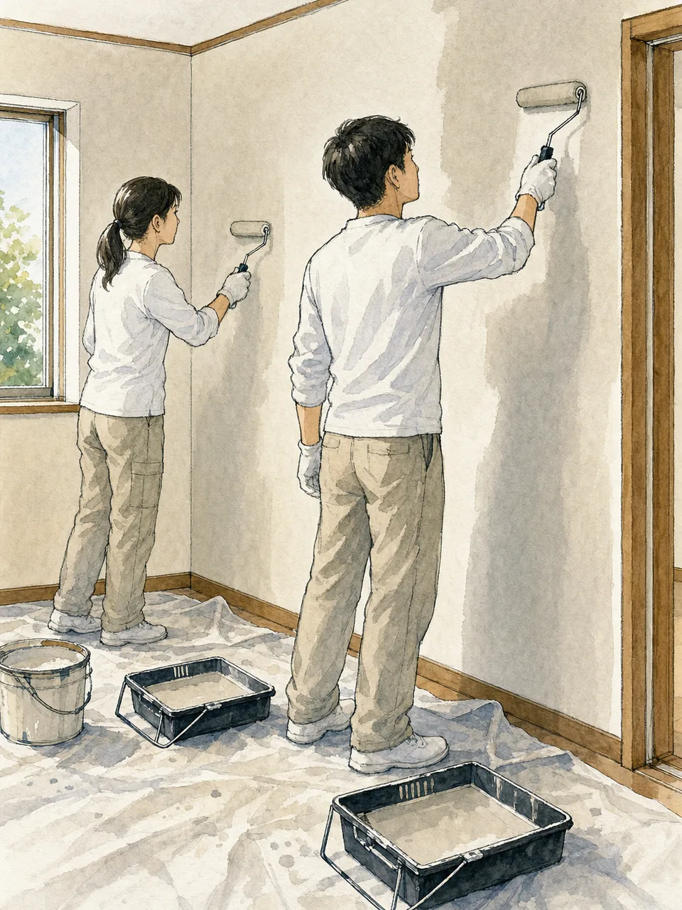 室内を塗装する日本人塗装職人（手描き水彩）。塗装工、住宅リフォーム、内装、職人の記事に使える素材です。
