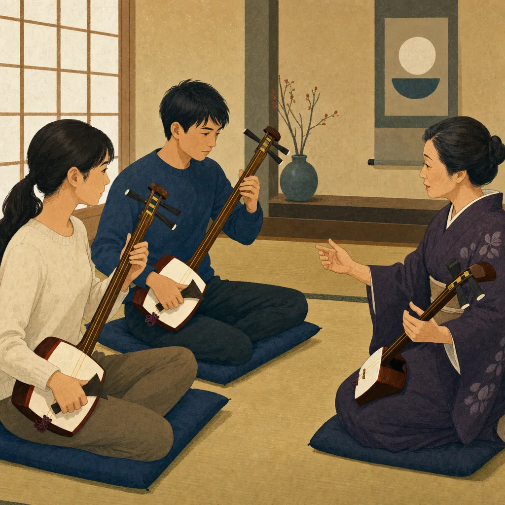 三味線を学ぶ日本人（編集記事向け）。三味線、伝統音楽、楽器教室、日本文化の記事や案内に使える商用素材です。