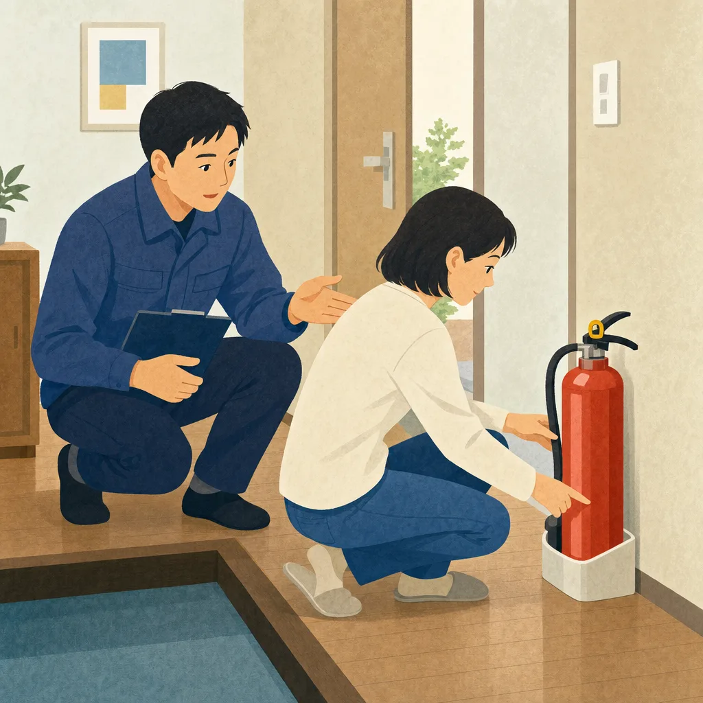 家庭用消火器を確認する日本人（編集記事向け）。家庭用消火器、防火、住宅防災、火災予防の記事や案内に使える商用素材です。