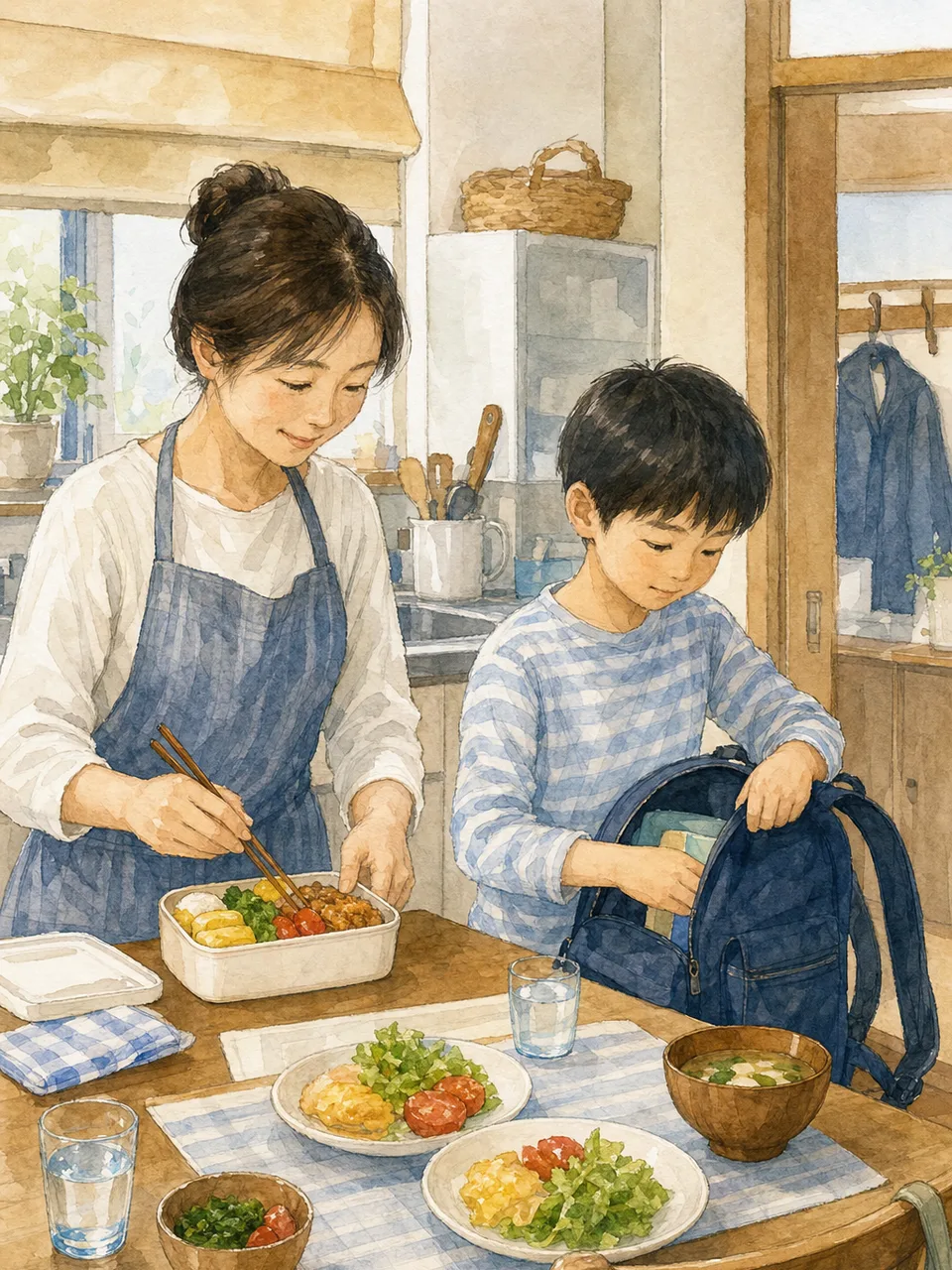 朝の支度をする日本人ひとり親家庭（手描き水彩）。ひとり親、一人親家庭、子育て、朝の暮らしの記事向け素材です。