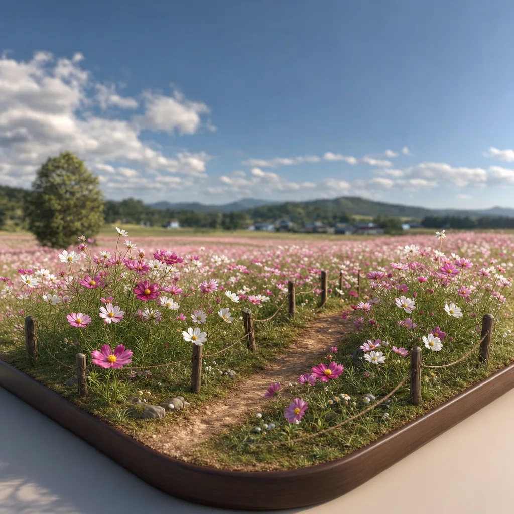 秋のコスモス畑の背景（立体ディスプレイ）。コスモス畑、秋、花畑、自然背景に使える素材です。