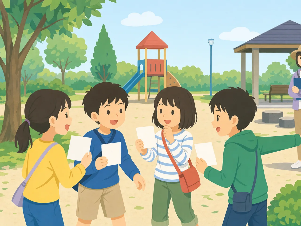 遊ぶ日本人小学生の友達（フラットイラスト）。小学生の友達、友情、外遊び、子どもの記事向け素材です。