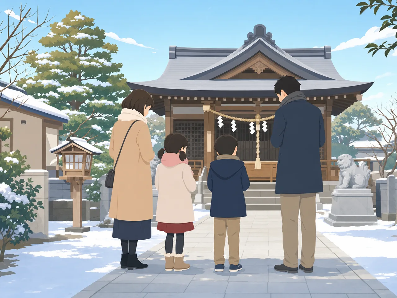 初詣に出かける日本人家族（フラットイラスト）。初詣、正月、家族、日本文化の記事に使える季節素材です。