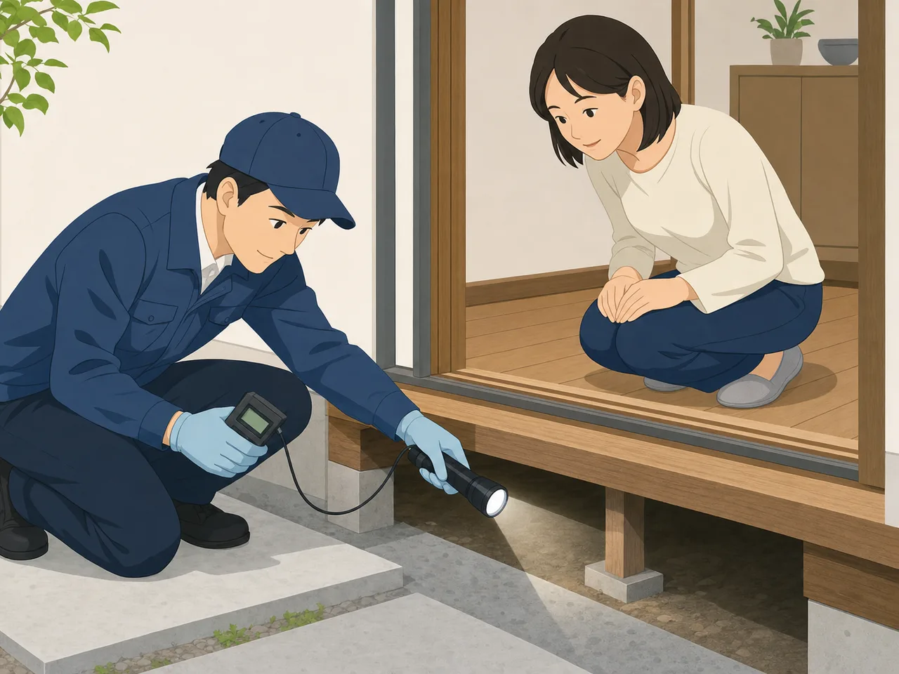 シロアリ点検をする日本人技術者（フラットイラスト）。シロアリ点検、害虫対策、木造住宅、床下点検の記事や案内に使える商用素材です。