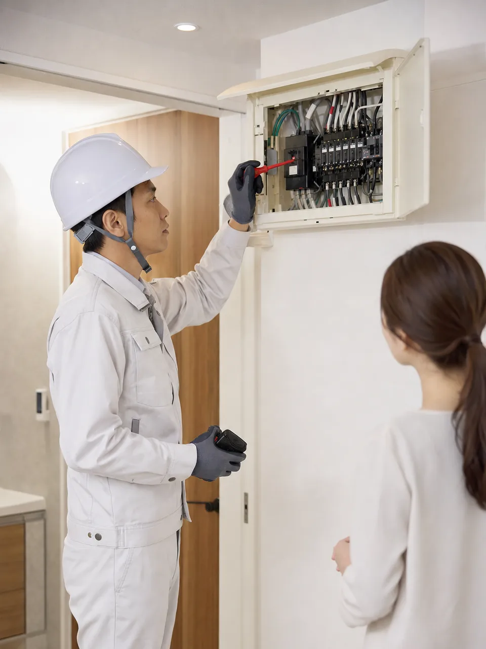 住宅設備を点検する日本人電気工事士（自然な縦位置写真）。電気工事士、住宅設備、保守点検、安全の記事向け素材です。