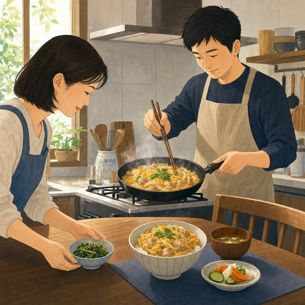 親子丼を作る日本人（編集記事向け）。親子丼、丼料理、家庭料理、昼食の記事向け素材です。