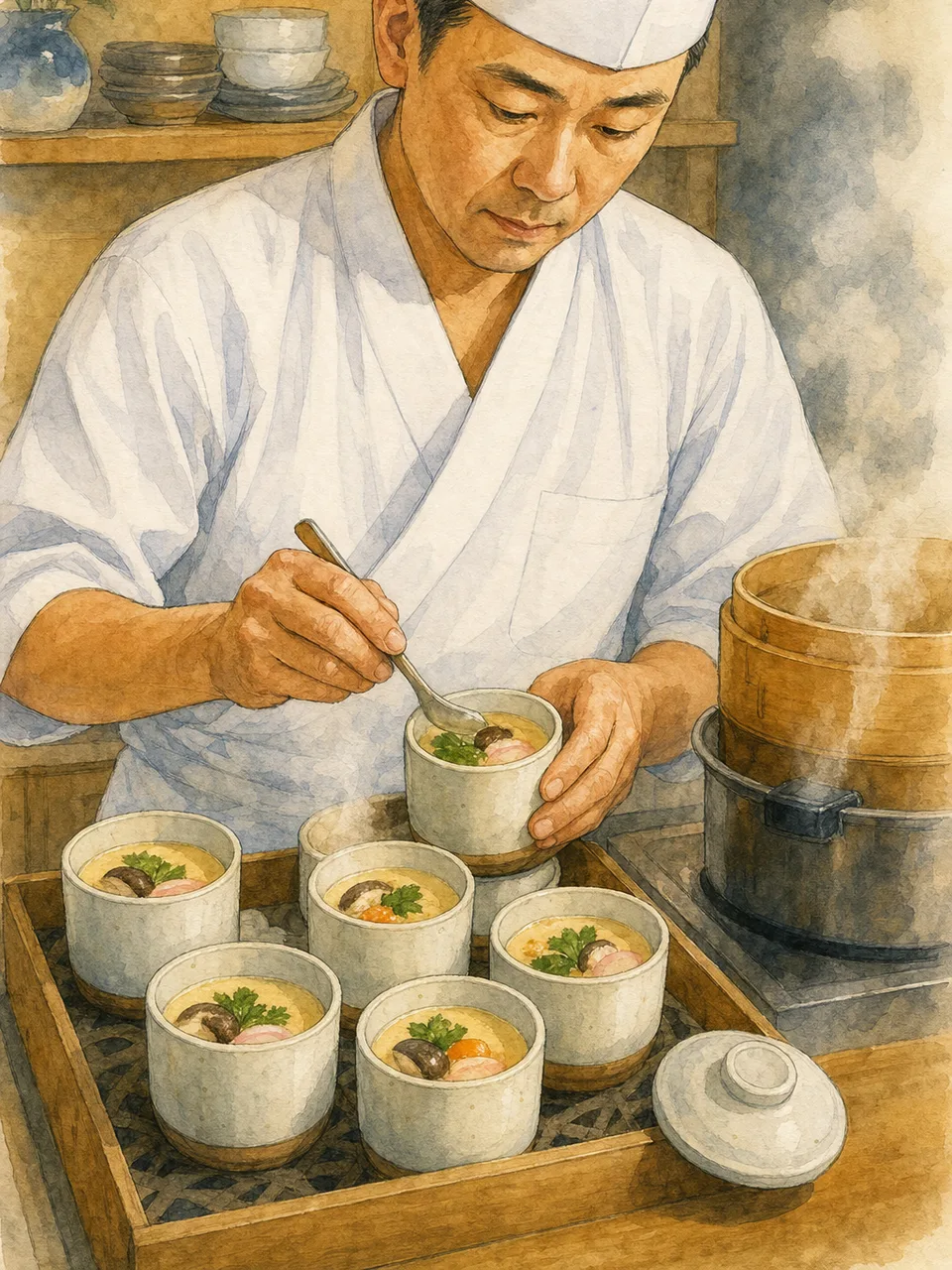 茶碗蒸しを作る日本人（手描き水彩）。茶碗蒸し、和食、蒸し料理、日本料理の記事や案内に使える商用素材です。