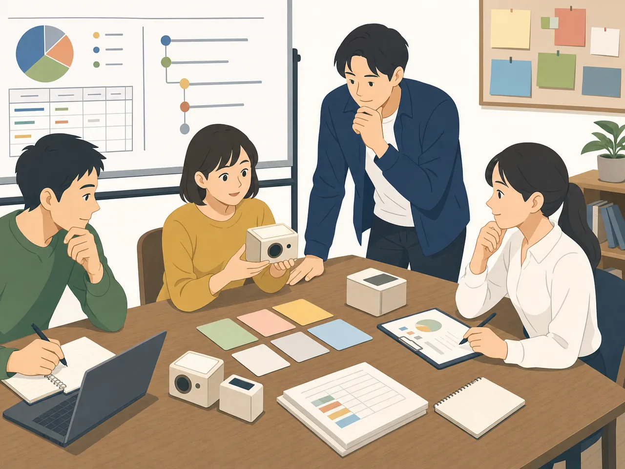 クラウドファンディングを計画する日本人（フラットイラスト）。クラウドファンディング、資金調達、プロジェクト、商品開発の記事や案内に使える商用素材です。