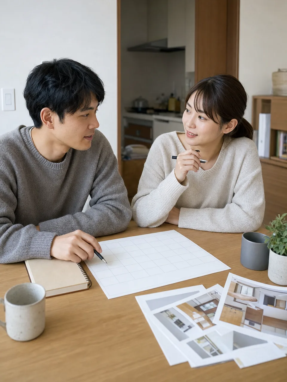 将来を話し合う日本人の若者カップル（自然な縦位置写真）。若者カップル、将来設計、同棲、パートナーシップの記事向け素材です。