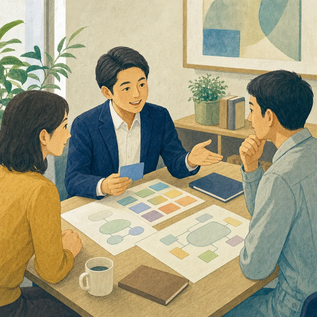 社会保険労務士に相談する日本人事業者（編集記事向け）。社会保険労務士、労務管理、社会保険、事業支援の記事向け素材です。
