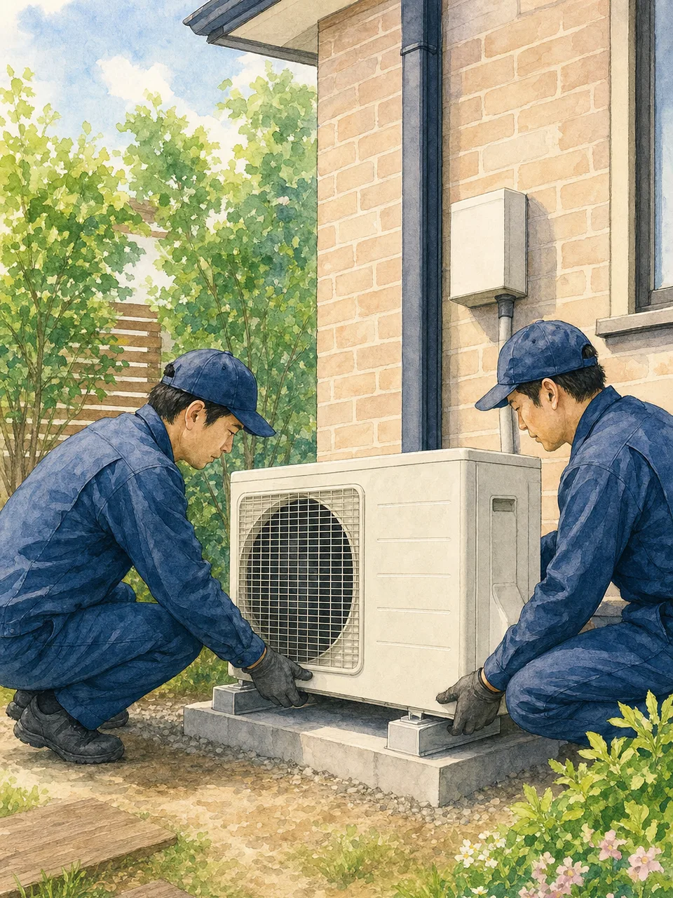 ヒートポンプを設置する日本人技術者（手描き水彩）。ヒートポンプ、省エネ設備、空調設備、住宅設備の記事や案内に使える商用素材です。
