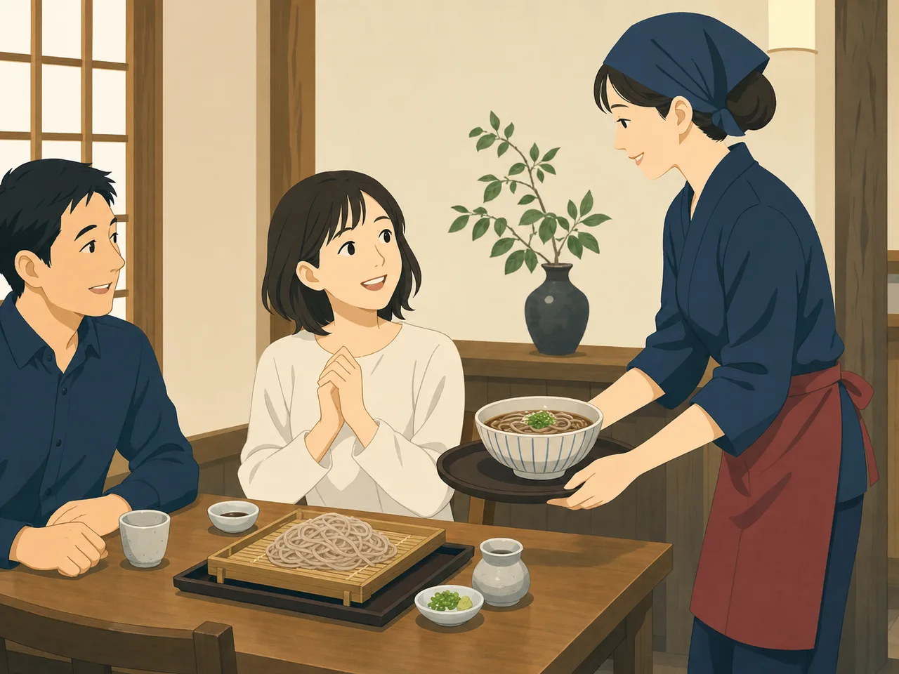 そばを味わう日本人（フラットイラスト）。そば、蕎麦、和食、食文化の記事に使える素材です。