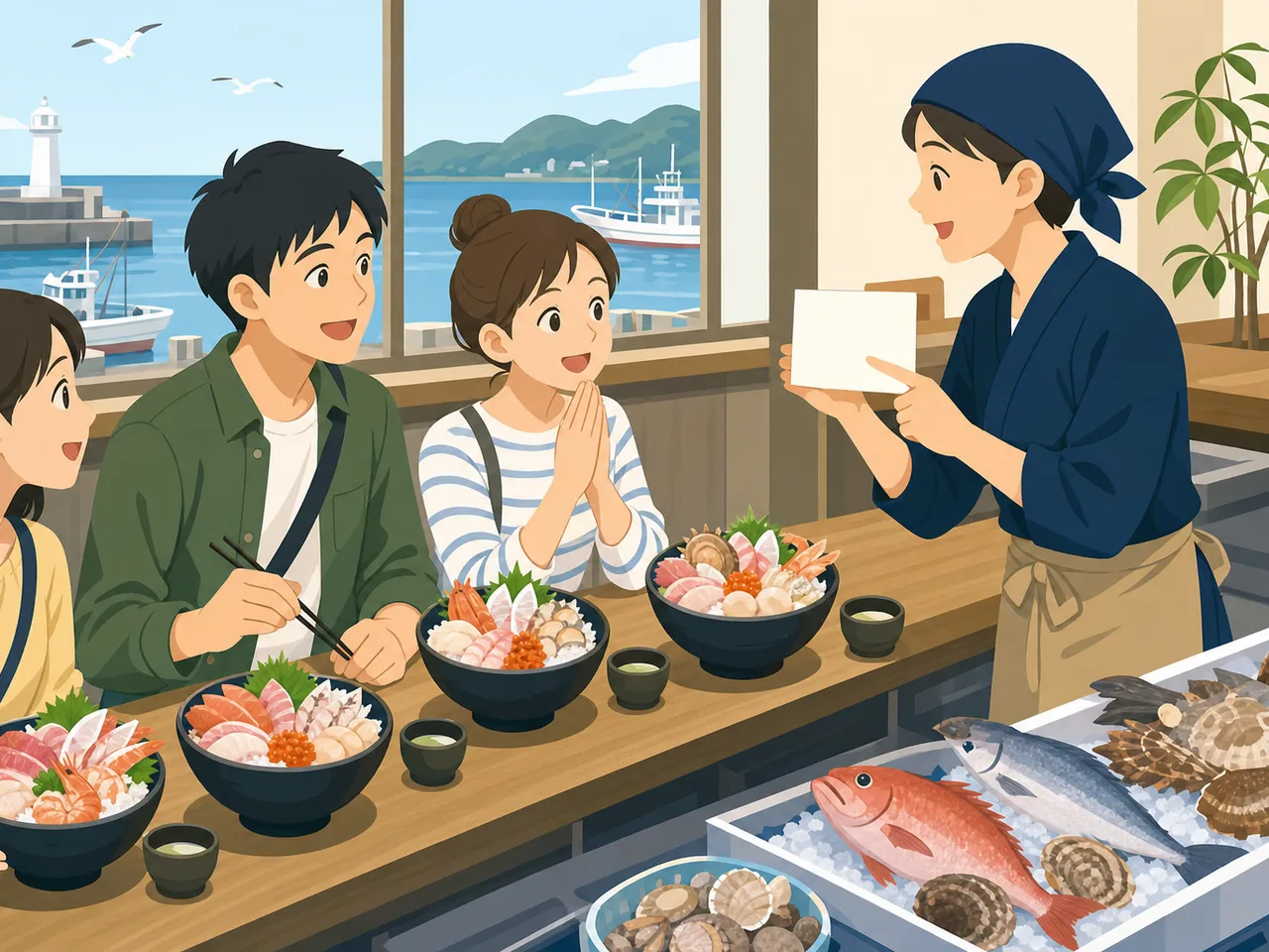 海鮮丼を味わう日本人旅行者（フラットイラスト）。海鮮丼、魚介、地域の食、旅行の記事向け素材です。