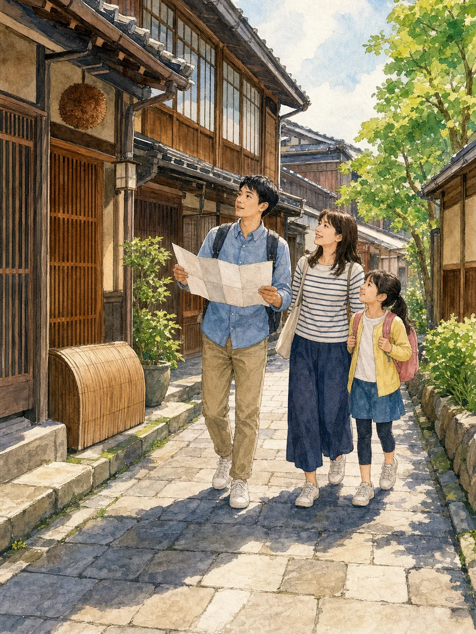 金沢の街並みを楽しむ日本人旅行者（手描き水彩）。金沢、北陸旅行、歴史的街並み、街歩きの記事向け素材です。