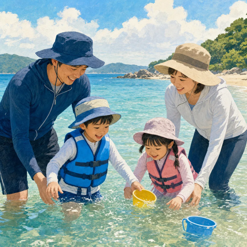 海水浴を楽しむ日本人家族（編集記事向け）。海水浴、夏休み、家族旅行、海の安全啓発に使える素材です。
