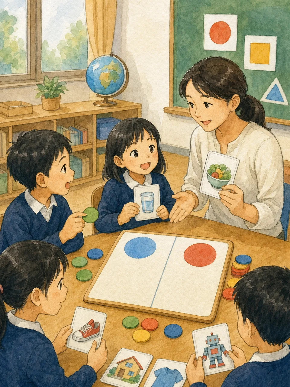 お金の使い方を学ぶ日本人の子ども（手描き水彩）。金融教育、子ども、お金の教育、家計の記事や案内に使える商用素材です。